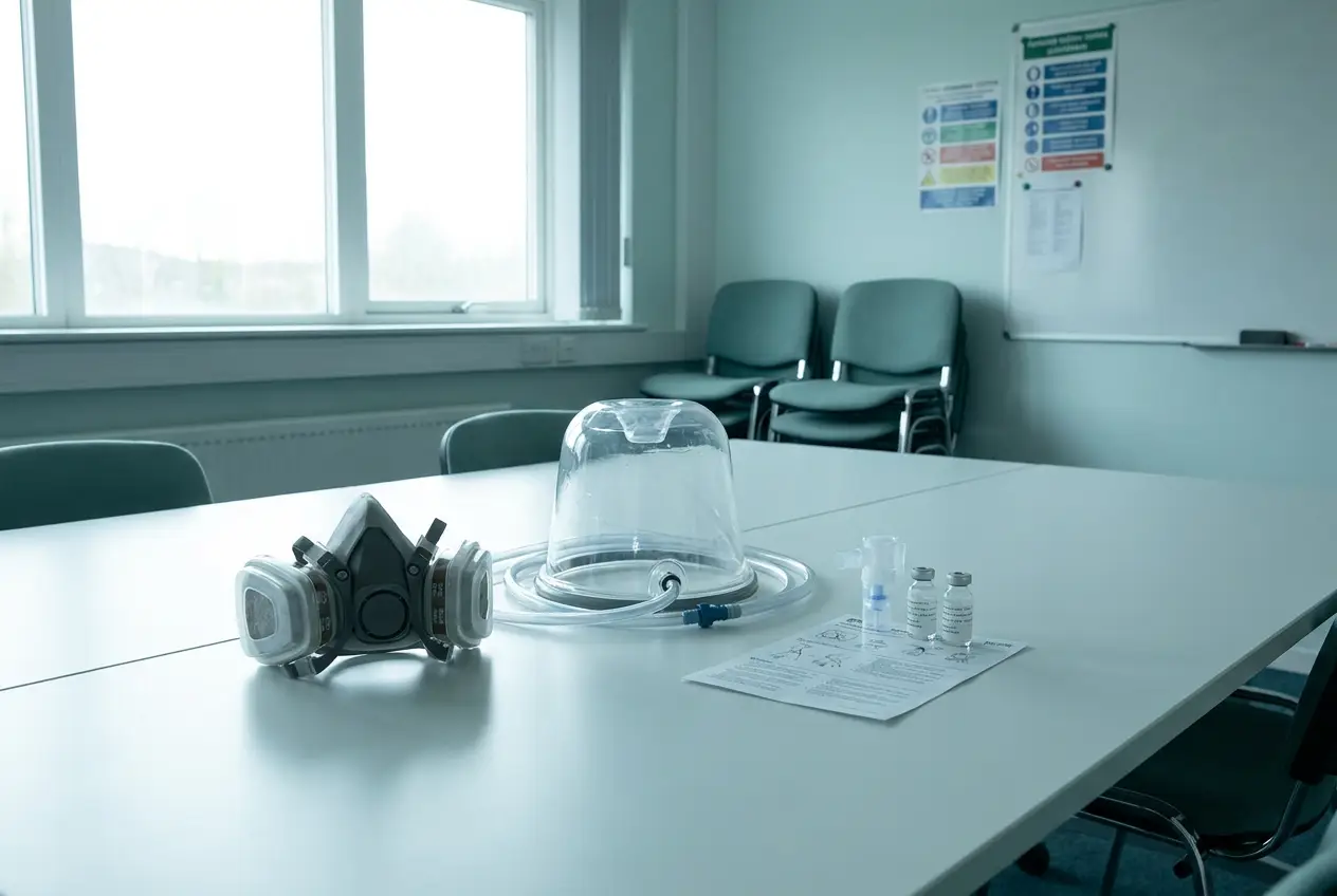 Fit-test-utstyr klart på bord: halvmaske med filtre, gjennomsiktig testhette, forstøver og testløsninger med instruksjonsark