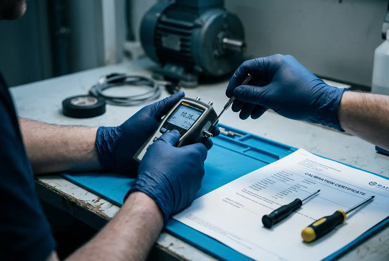 Tekniker med hansker justerer en digital undertrykksmåler på arbeidsbenk, med kalibreringssertifikat og verktøy ved siden av