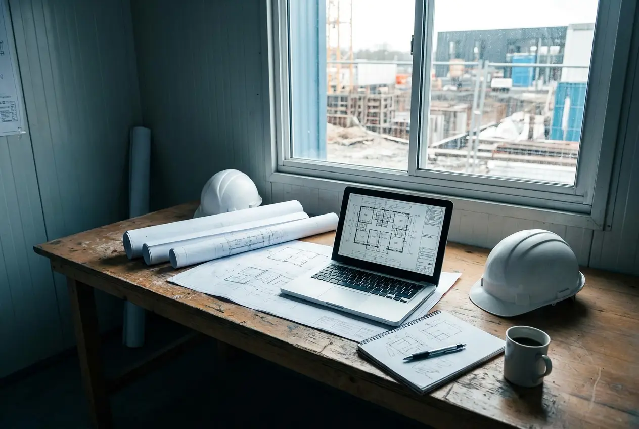 Brakkekontor på byggeplass: utrullede tegninger, plantegning på laptop og to vernehjelmer på bordet, med byggeplassen synlig gjennom vinduet